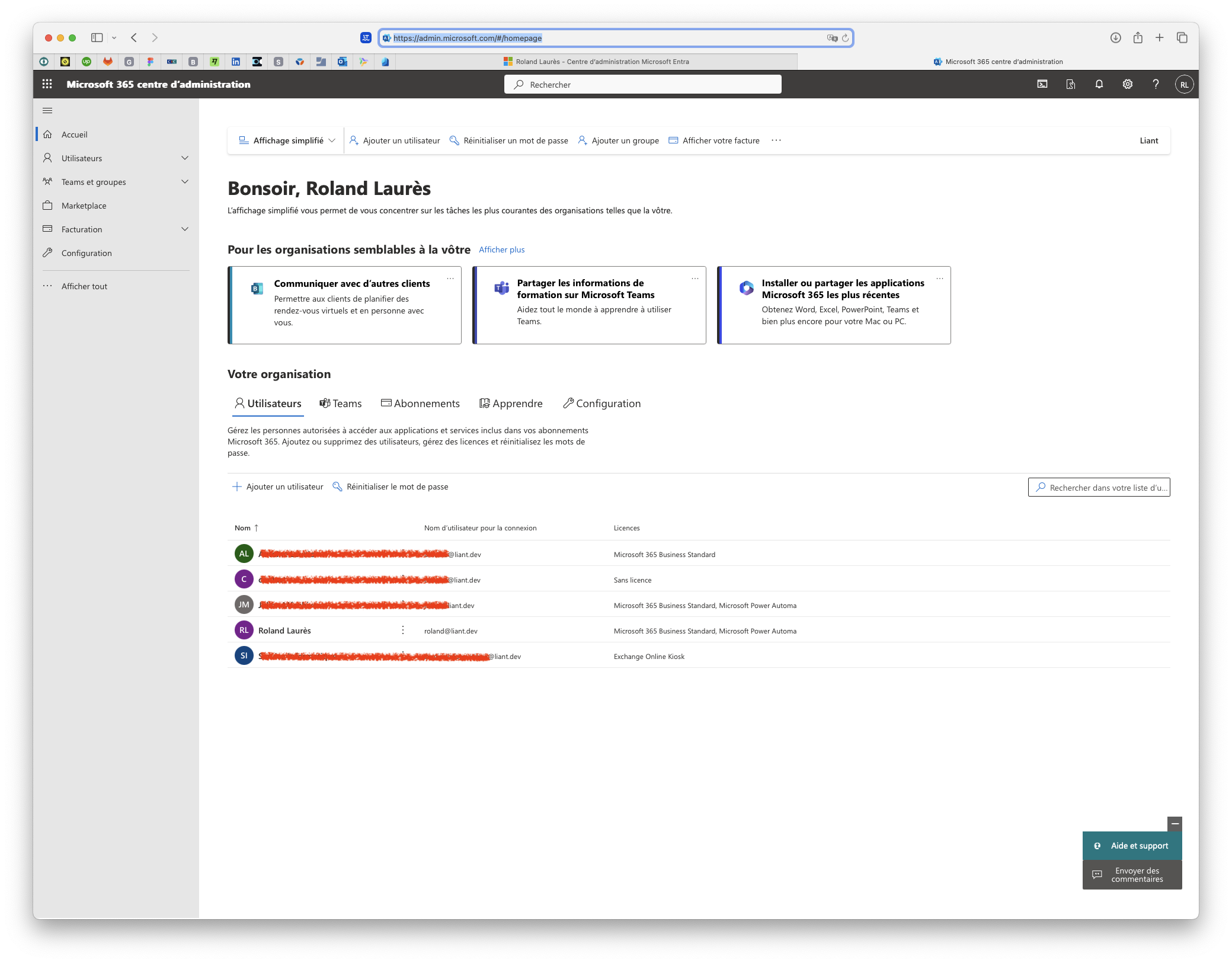 Page d'accueil d'administration Office 365