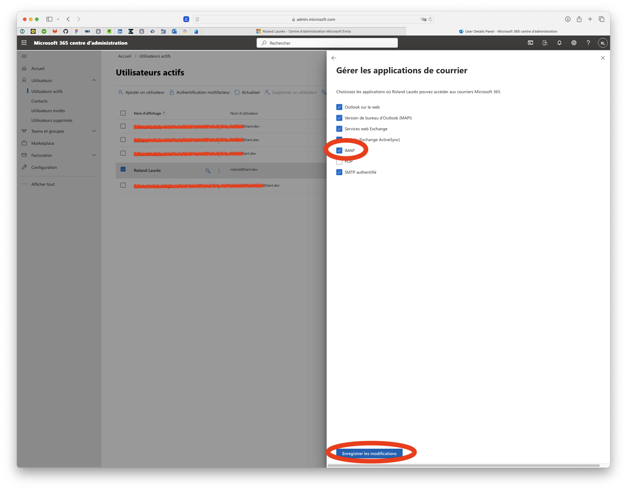 Page Office 365 admin - Modale des applications courriel