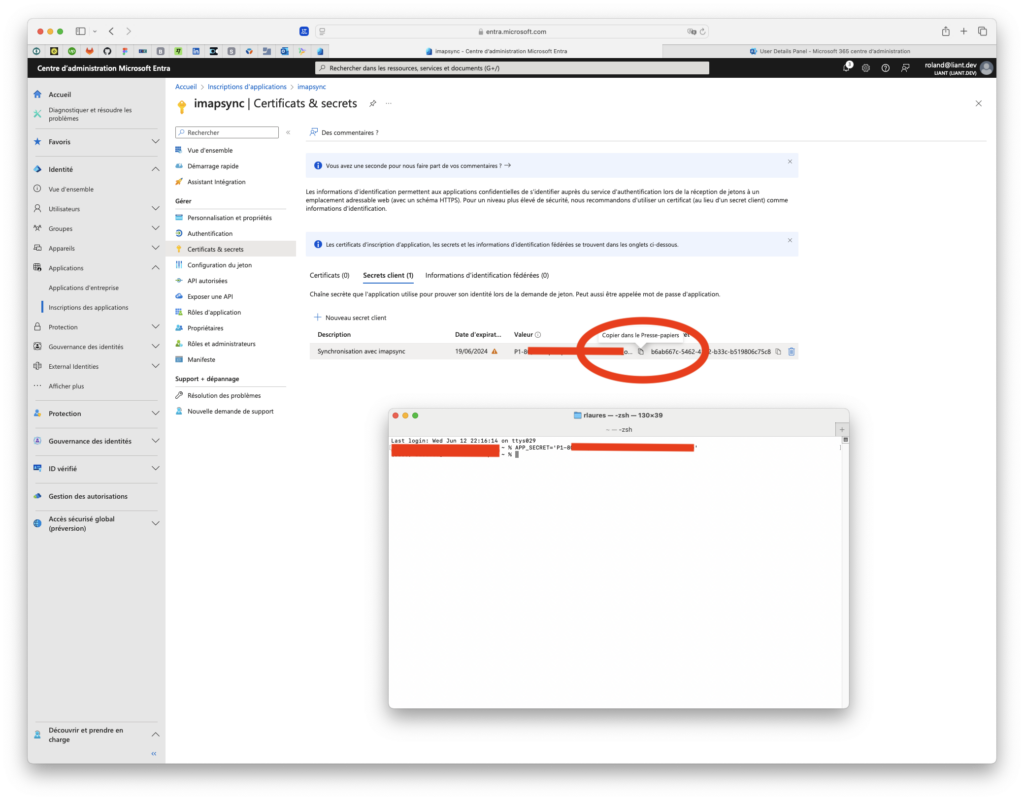 Page Microsoft Entra, Inscriptions des applications, Certificats & secrets, copie application secret