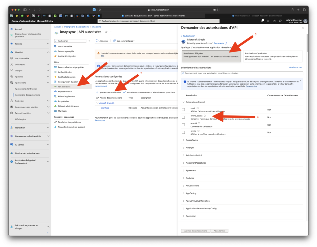 Page Microsoft Entra, Inscriptions d'applications, API Autorisées, Ajouter une autorisation