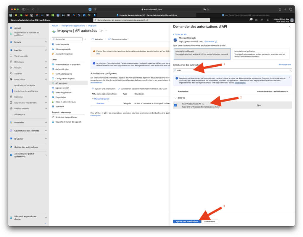 Page Microsoft Entra, Inscriptions d'applications, API autorisée, ajout des droits
