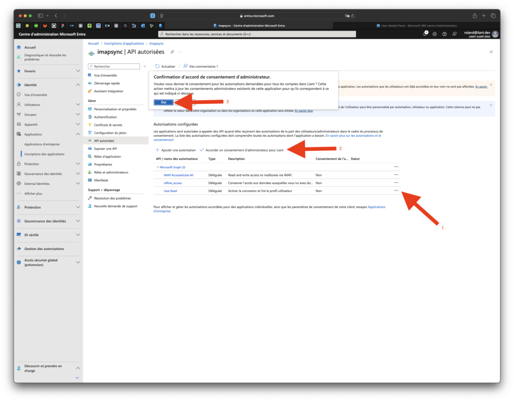 Page Microsoft Entra, Inscriptions d'applications, API autorisées, accord de l'administrateur